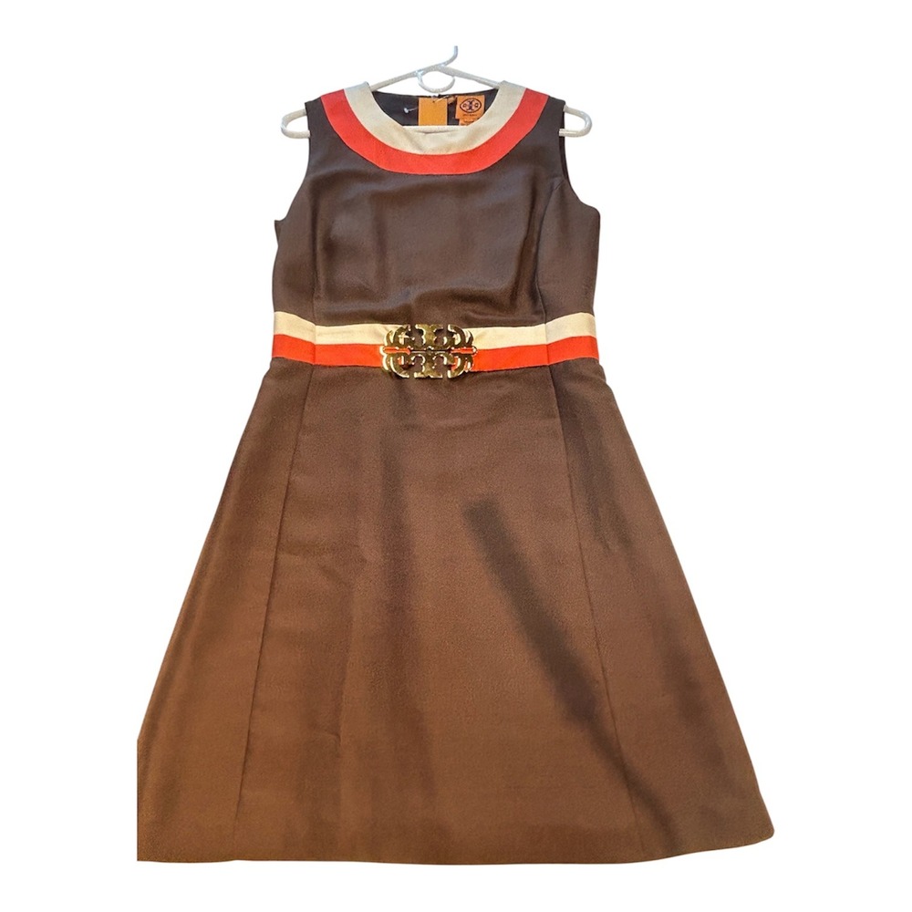 Tory Burch Silk Shift Dress Women 10 Brown Colorblock Logo Belt 21071406
